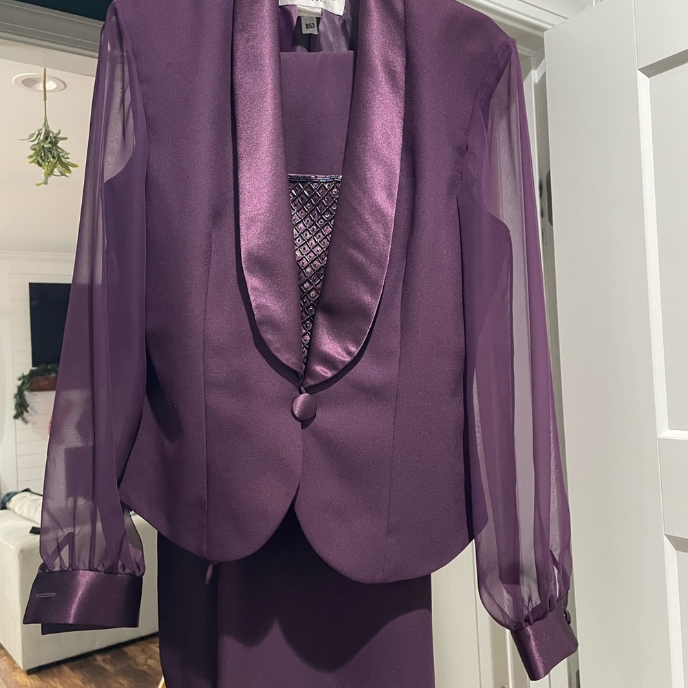 Elegant Purple Sheer Sleeve Blazer Set